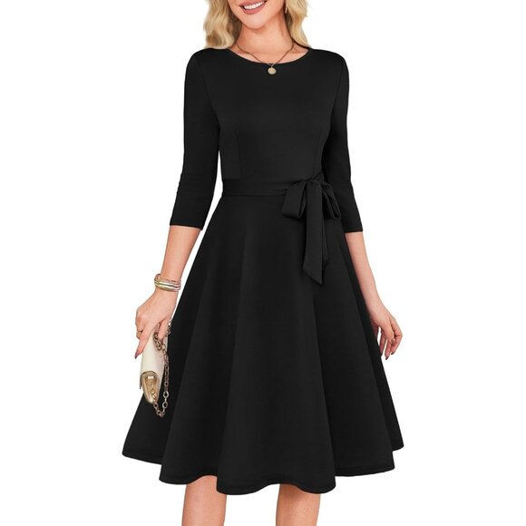 Women's Black 3/4 Sleeve Vintage Flattering A-line Vintage Cocktail Dresses - Picture 1 of 5